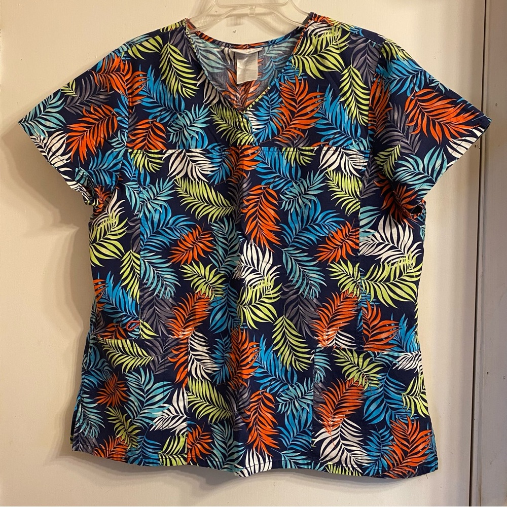 Scrubstar Hawaiian Nurse Scrub Top Palm Leaves Size Large Short Sleeve V Neck